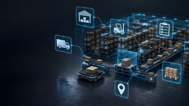 Futuristic Smart Warehouse and Logistics Automation with AGV Robot and Digital Interface Icons