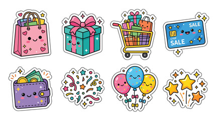 Naklejka premium Cute Kawaii Shopping and Celebration Icons Set with Happy Faces.