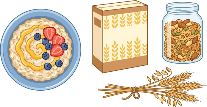 Healthy Oatmeal and Breakfast Cereal Set with Porridge Bowl, Fresh Berries, Honey, Granola Jar, Cereal Box, and Wheat Ears Vector Illustration
