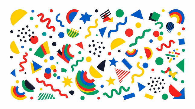 Vibrant multicolored geometric shapes arranged in a dynamic pattern for creative designs and artistic projects featuring circles squares triangles wavy lines and stars for joyful decorative
