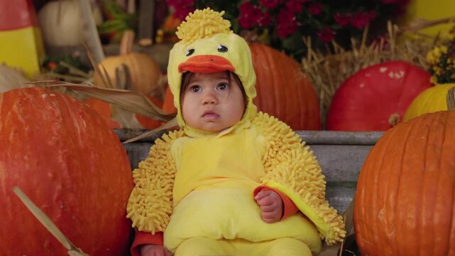Baby in Yellow Duck Costume Looking Aside Among Halloween Pumpkins