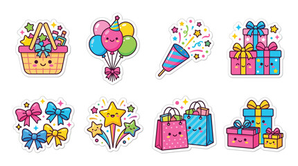 Naklejka premium Kawaii Birthday Celebration Elements with Cute Characters and Gifts.