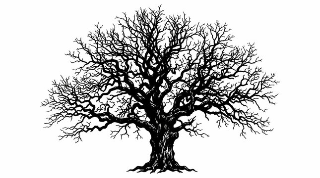 Large deciduous oak tree standing tall with spreading gnarled bare branches during winter dormancy season and seasonal changes symbolize nature growth evolution and resilience of wild forest