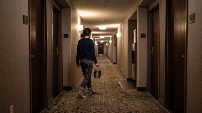 Woman walking down a dimly lit hotel hallway carrying a metal bucket