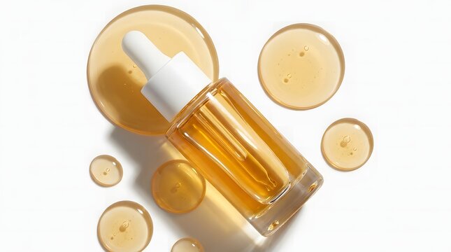 Top down flat lay view of clear glass dropper bottle mockup with golden oil serum and liquid puddles on white background