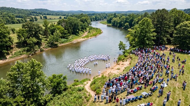 Aerial View of a Large Group Baptism Ceremony by a River with Spectators on the Shore