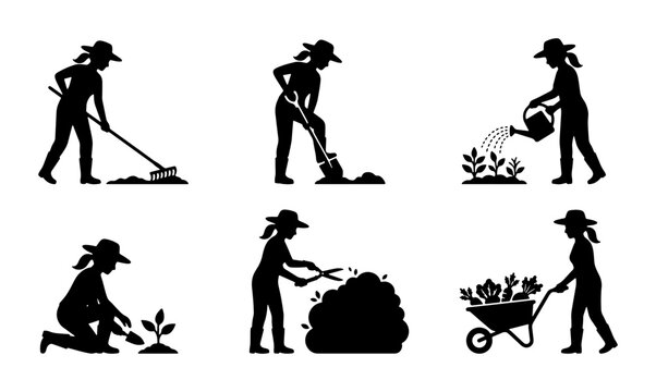 Gardening Silhouettes: 6 Vector Icons for Planting, Watering, Weeding, and Harvesting