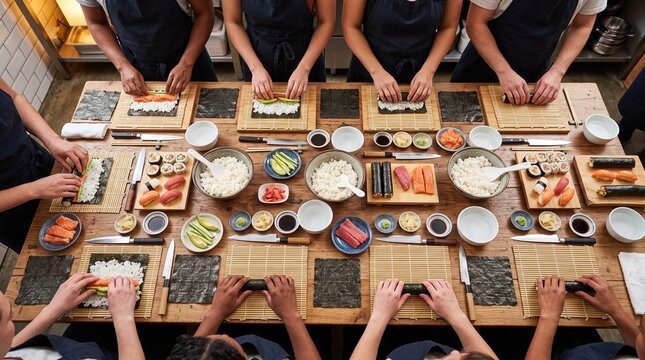 Diverse group of people learning to make sushi rolls together at a wooden table with fresh ingredients