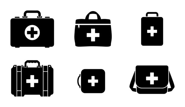 First Aid Kit Icons, Medical Bag Symbols, Emergency Health Supplies, Vector Graphics Set