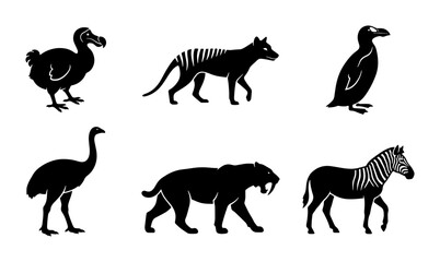 Extinct Animals Silhouette Collection: Dodo, Thylacine, Penguin, Emu, Saber-toothed Cat, Zebra © Pritom