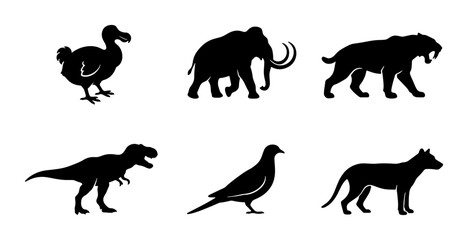 Extinct Animals Silhouettes: Dodo, Mammoth, Saber-Toothed Cat, Dinosaur, Pigeon, Hyena Icons © Pritom