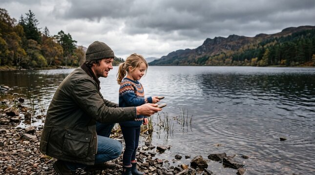 Father and daughter enjoying a day by the lake, skipping stones on a cloudy autumn afternoon