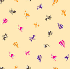 Seamless pattern with colorful hot air balloons and airplanes on light yellow background repeating pattern seamless © Abstract Texture BG
