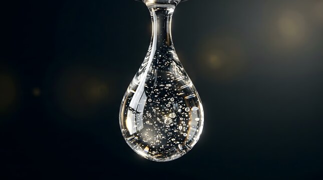 Macro shot of luxury clear serum droplet with floating gold flakes and micro bubbles