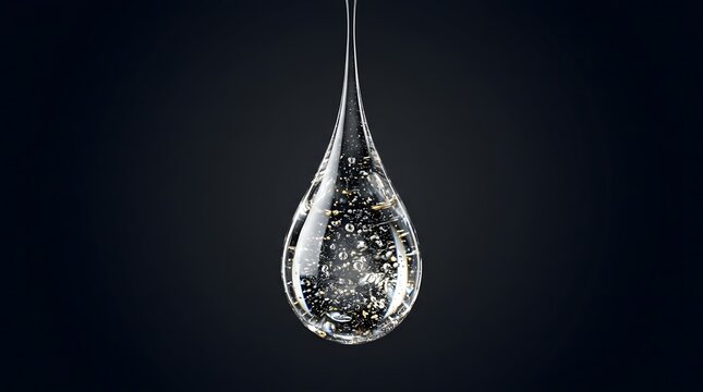 Extreme macro view of a single suspended clear serum drop with gold flakes and micro bubbles
