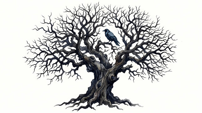 A solitary dark feathered raven perches upon the gnarled wooden branches of a leafless winter oak tree standing tall amidst the seasonal decay representing nature in its dormant silent dormancy