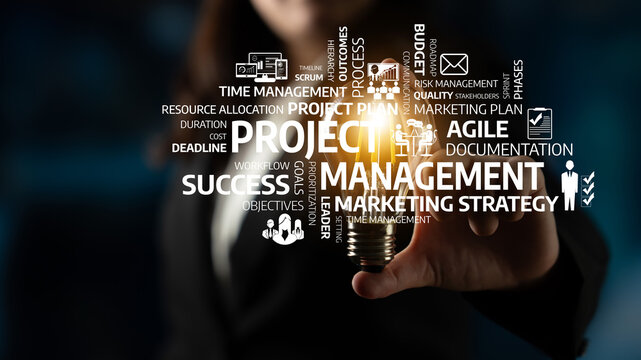 A business professional illuminates the concept of project management with innovative ideas, showcasing key terms related to success and strategic planning in various industries. Tessel