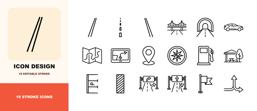 Transportation and road navigation line icons for map and travel application design.