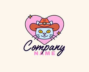 Fototapeta premium Cowboy cat mascot logo with a pink heart background, western hat, script typography, and playful colors for a pet, western, or lifestyle brand vector illustration cartoon style hand drawn