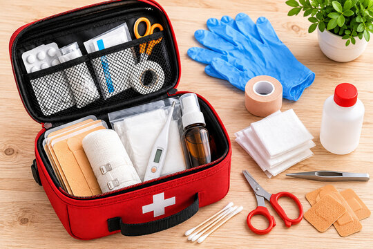 Photorealistic image of an open first aid kit with bandages, sterile gauze, antiseptic supplies, thermometer, medical tape, scissors, and disposable gloves arranged for home emergency preparedness.