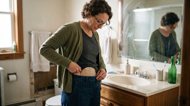 Woman Adjusting Ostomy Pouch in Bathroom Mirror Reflection