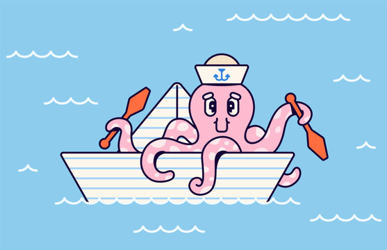 Octopus sailor rowing a small boat on the ocean. Playful nautical illustration for marine, travel, summer, and children design themes vector illustration hand drawn style