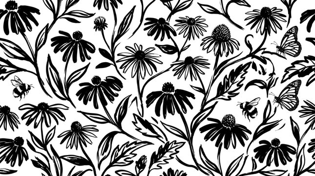 Seamless hand-drawn black and white floral pattern with coneflowers bees and butterflies
