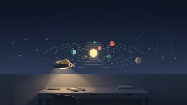 Solar System Wall Mural Above Workspace with Desk Lamp at Night
