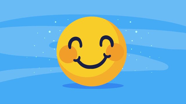 Cute yellow blushing smiley face emoji animation on blue background with white particles.