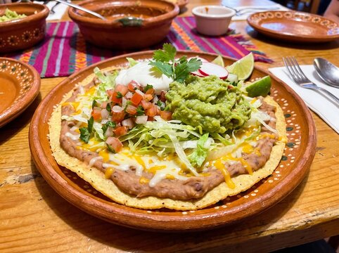 Crispy Tostada with Refried Beans, Cheese, and Toppings &ndash; Mexican-American Classic