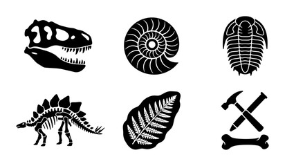 Dinosaur Skeleton, Fossil Icons Set: Paleontology, Prehistoric Life, Ancient Creatures, Science Graphics © Jamil