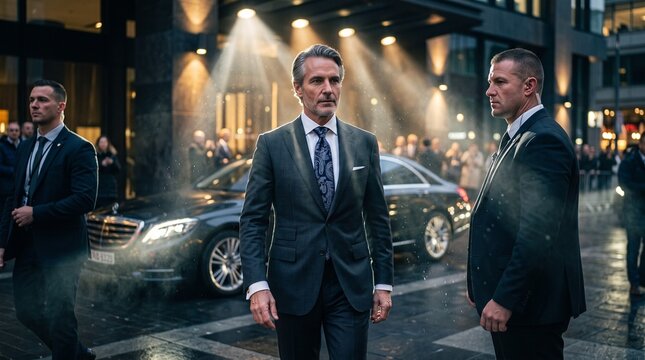Successful senior businessman walking with security bodyguards outside luxury hotel at night with dramatic cinematic lighting effects