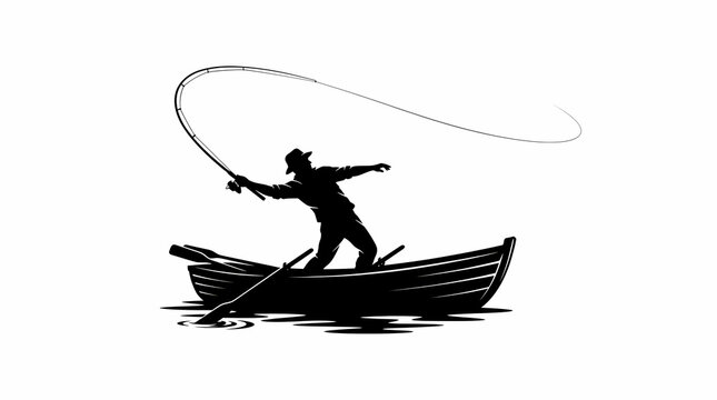 A silhouette of an angler casting a fishing line while standing inside a wooden rowboat on calm water representing outdoor recreation and adventure sports for enthusiasts enjoying nature