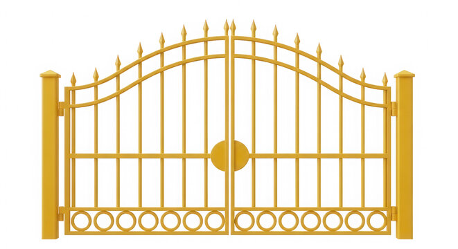 Decorative yellow metal gate for a house entrance isolated on transparent background