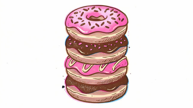 A stacked pile of freshly baked circular ring pastries featuring pink frosting and dark brown chocolate icing toppings arranged in a vertical tower representing delicious snacks for hungry sweet