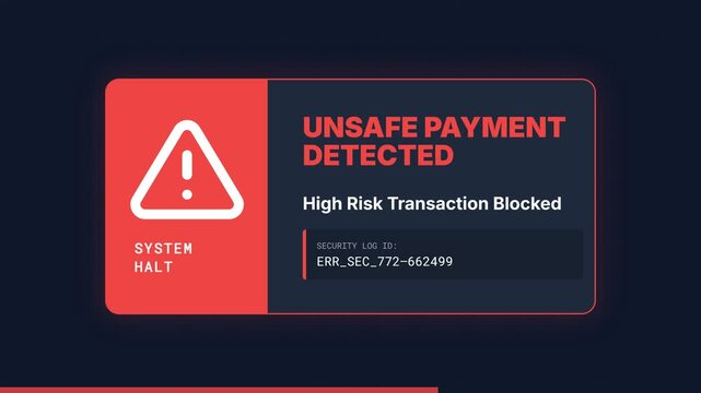 Unsafe payment detected, high risk transaction blocked on computer screen with error message and warning sign, symbolizing cybersecurity and fraud prevention for technology and business