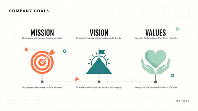 Corporate mission, vision, and values infographic design with icons isolated on white background. Perfect for professional business presentation slides and strategy planning.