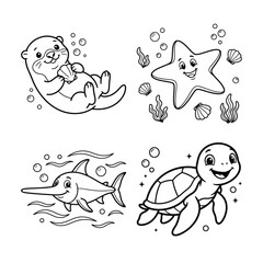 Obraz premium Cute cartoon sea animals coloring pages set. Funny dolphin, turtle, otter and starfish outline. Coloring book template.