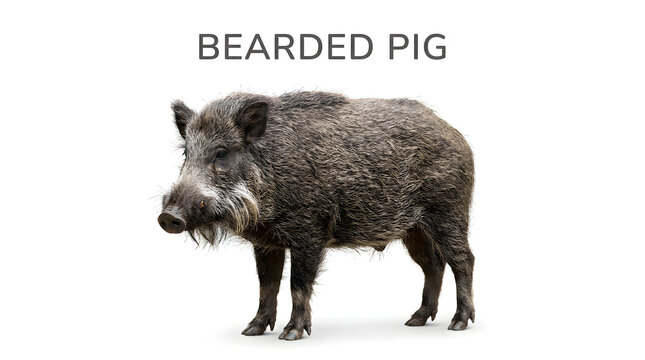 A wild bearded pig stands alert, its bristly coat and tusks evident. The image captures the raw essence of this animal