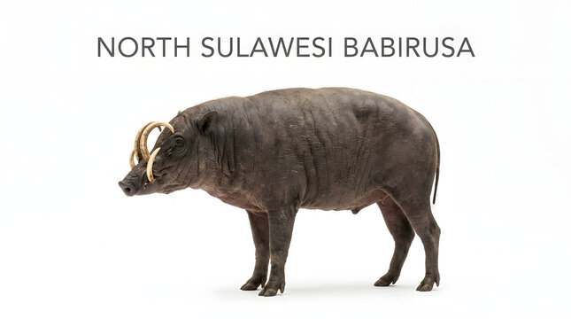 North Sulawesi Babirusa, a rare wild pig with distinctive upward-curving tusks, captured in a studio setting