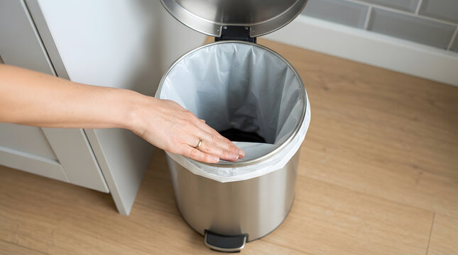 Hand Fitting White Garbage Bag Liner into Metal Trash Can | Person Installing New Plastic Trash Bag in Stainless Steel Bin | Close Up Hand Lining Step Trash Can with White Garbage Bag 