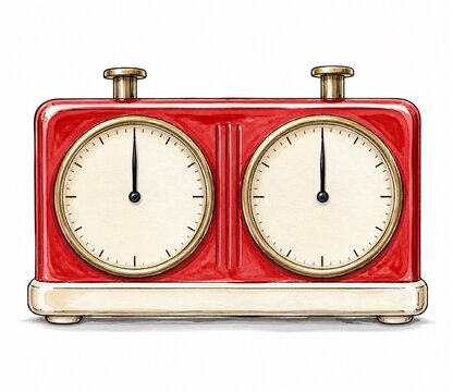 Red and ivory chess clock watercolor illustration