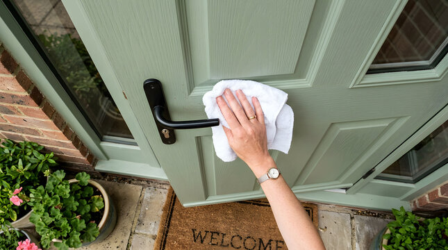 Hand Wiping Green Front Door Clean with White Microfiber Cloth | Person Cleaning Sage Green Entrance Door with Cloth | Close Up Hand Cleaning Wooden Green Door Surface with Microfiber 