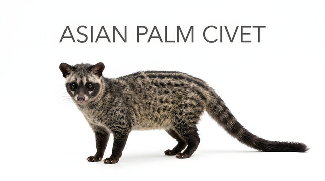 Asian palm civet standing on a white background, with its distinctive spotted fur and long tail