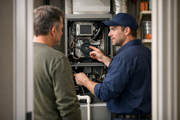 Obraz premium HVAC Technician Explaining Furnace Inspection and Repair to Homeowner During Residential Maintenance Visit