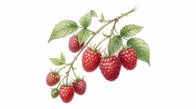 Fresh red raspberries hanging on a branch with vibrant green leaves for culinary projects or natural harvest displays showing organic summer berries ripe and ready for eating in garden