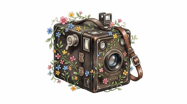 Vintage antique camera decorated with colorful spring wildflowers and climbing green vines showing nostalgic charm for artistic nature photography enthusiasts seeking creative inspiration for