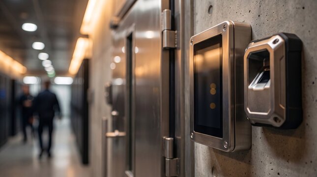 Modern electronic door access control system with fingerprint scanner in a secure corridor
