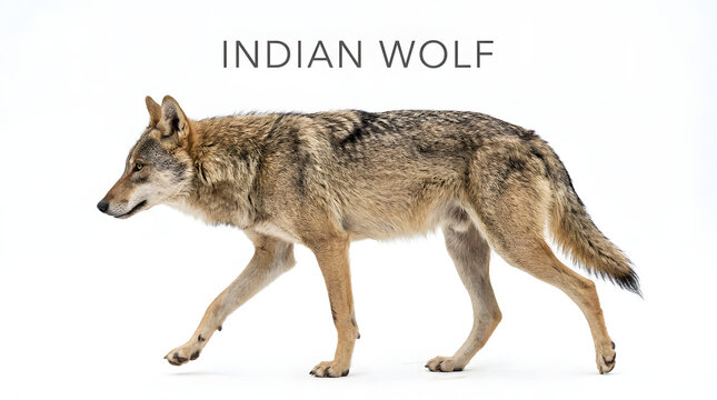 An Indian wolf walks confidently across the frame, showcasing its distinctive features