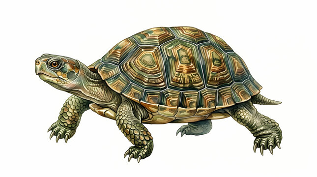 A slow moving turtle walking across the ground showing detailed patterns on its hard shell as it explores the wilderness environment with a calm expression representing wildlife in nature